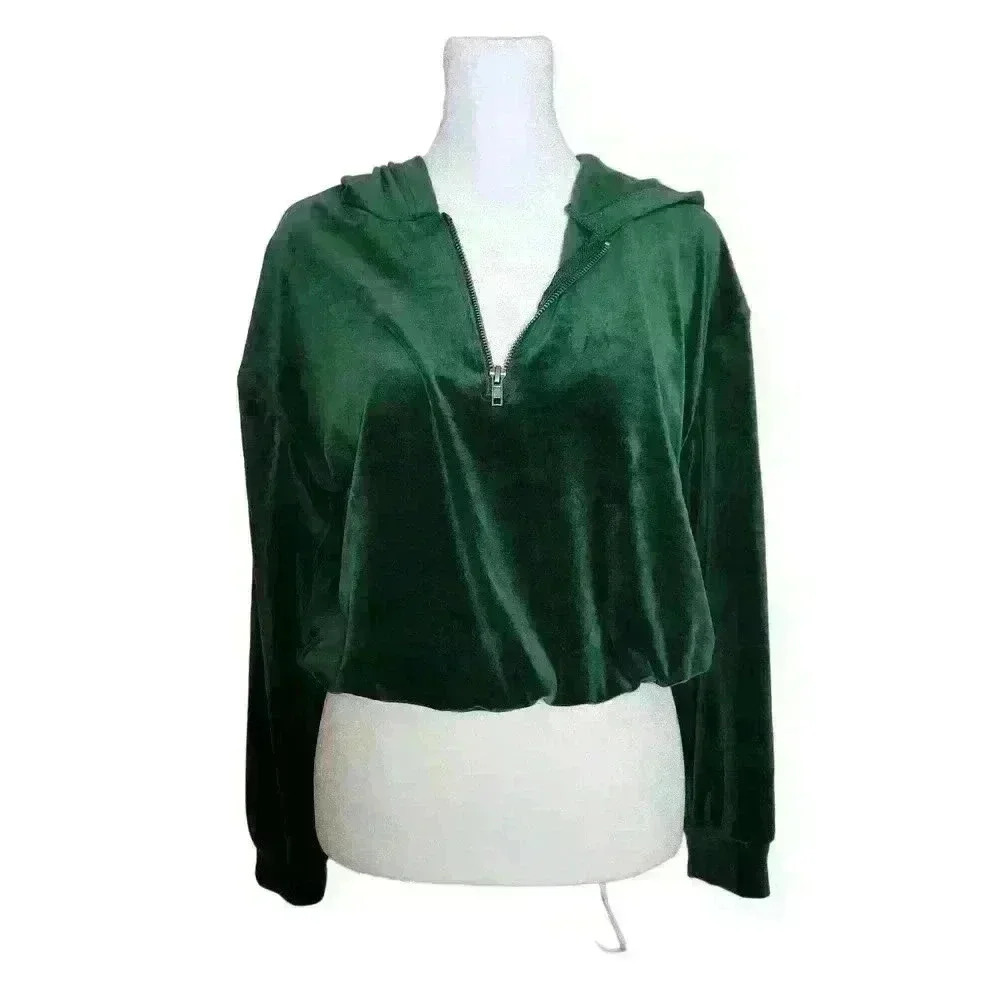 Jolie & Joy women's cropped velour green pullover hoodie size large